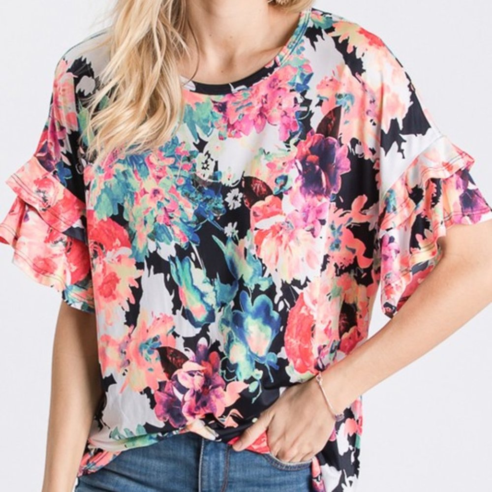Floral Top with Ruffle Sleeve